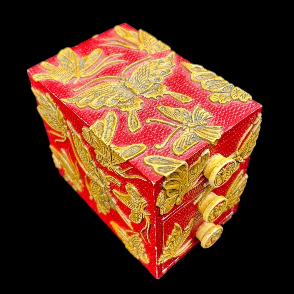 Carved Soapstone Vietnam Handmade Red Carved Butterfly Jewelry Drawer Box
